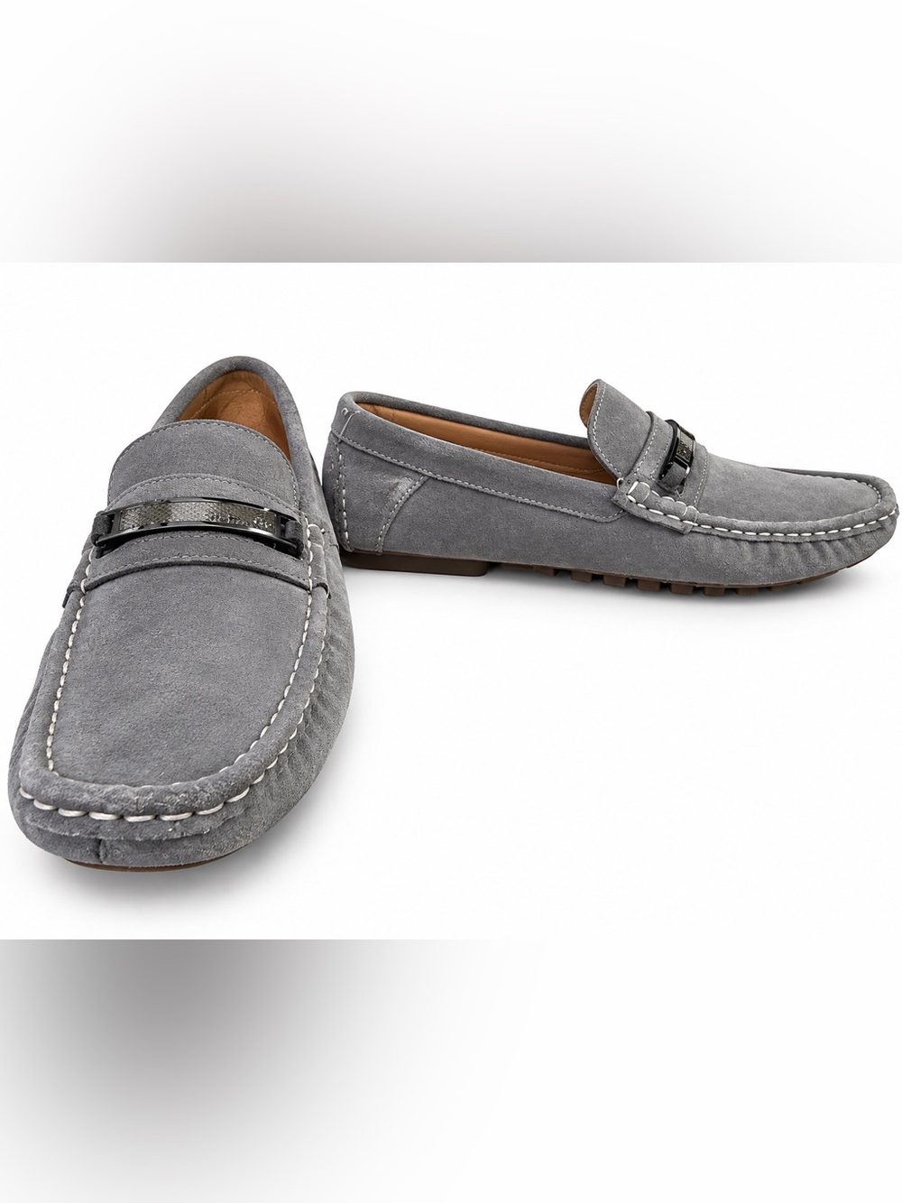 Calvin Klein Gray Suede Driving Loafers with Silver Bit